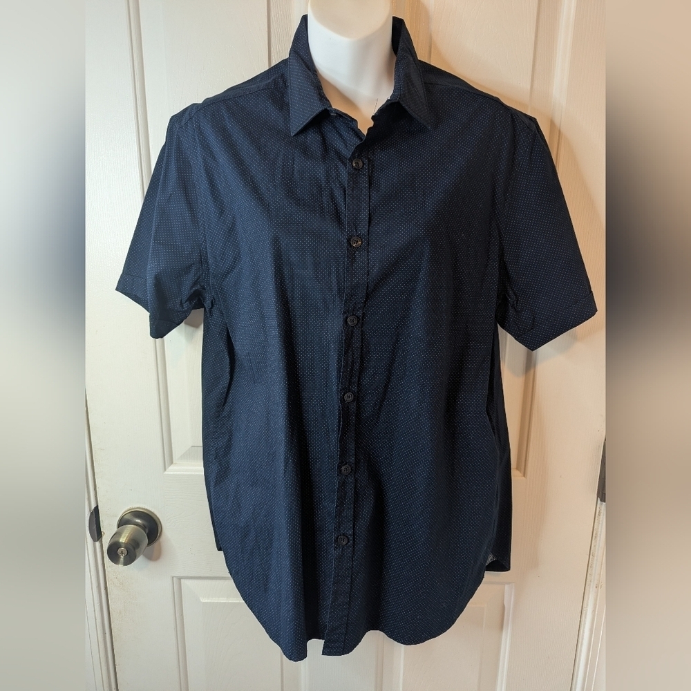 Denim & Flower Ricky Singh Slim Fit Stretch Navy Polka Dot, Short Sleeve, Large